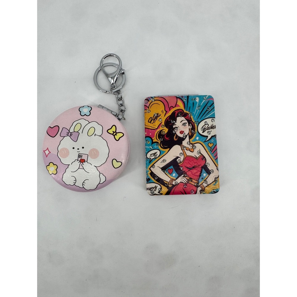 Set of 2 Compact Mirrors Cute Bunny Keychain and Pop Art Comic Girl Rhinestone